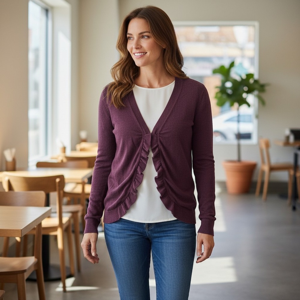 Ann Taylor Loft Cardigan Large Burgundy Excellent Ruffle Front V-Neck Knit